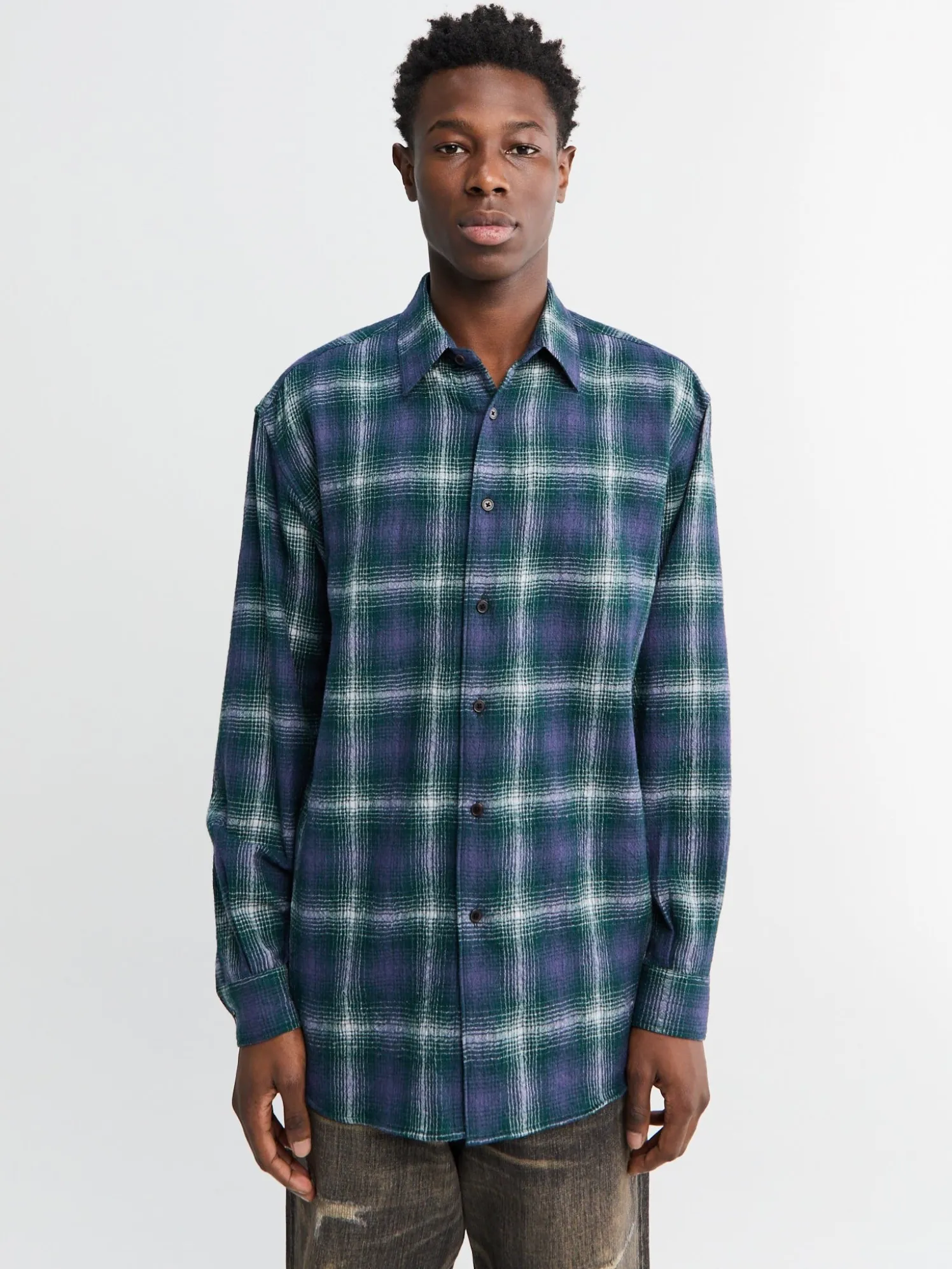 Airy Wool Check Shirt i Forest Green og Navy