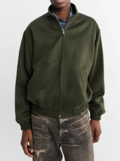 Baby Camel Flannel Zip Blouson i Dark Olive