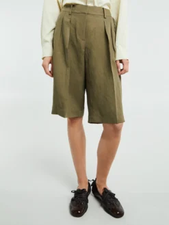 Bilbao Linen Pleated Bermuda Shorts i Khaki
