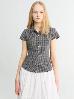 Cap Sleeve Slim Skjortebluse i Sort Tern