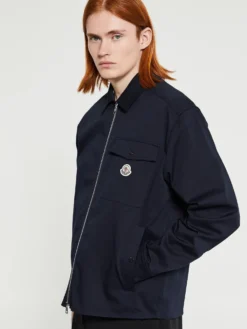 Cotton Gabardine Zip-Up Skjorte Jakke i Navy