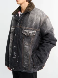 Denim Jakke med Faux Fur Krave i Sort
