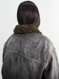 Denim Jakke med Faux Fur Krave i Sort