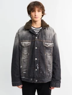 Denim Jakke med Faux Fur Krave i Sort