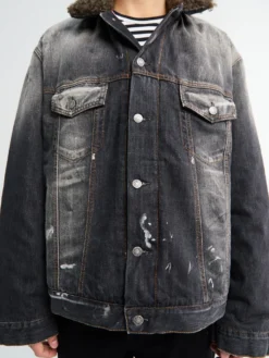 Denim Jakke med Faux Fur Krave i Sort