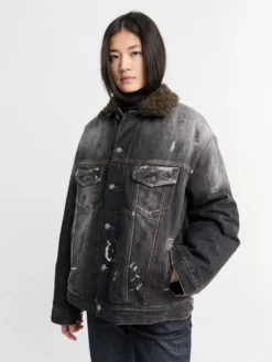 Denim Jakke med Faux Fur Krave i Sort