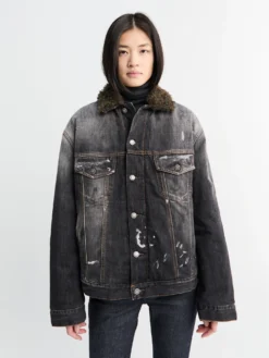 Denim Jakke med Faux Fur Krave i Sort