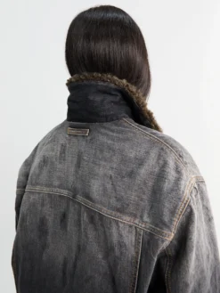 Denim Jakke med Faux Fur Krave i Sort