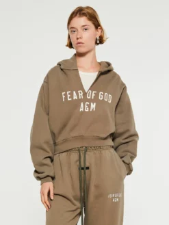 Heavy Fleece Cropped V-Neck Hoodie i Military