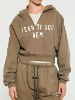 Heavy Fleece Cropped V-Neck Hoodie i Military
