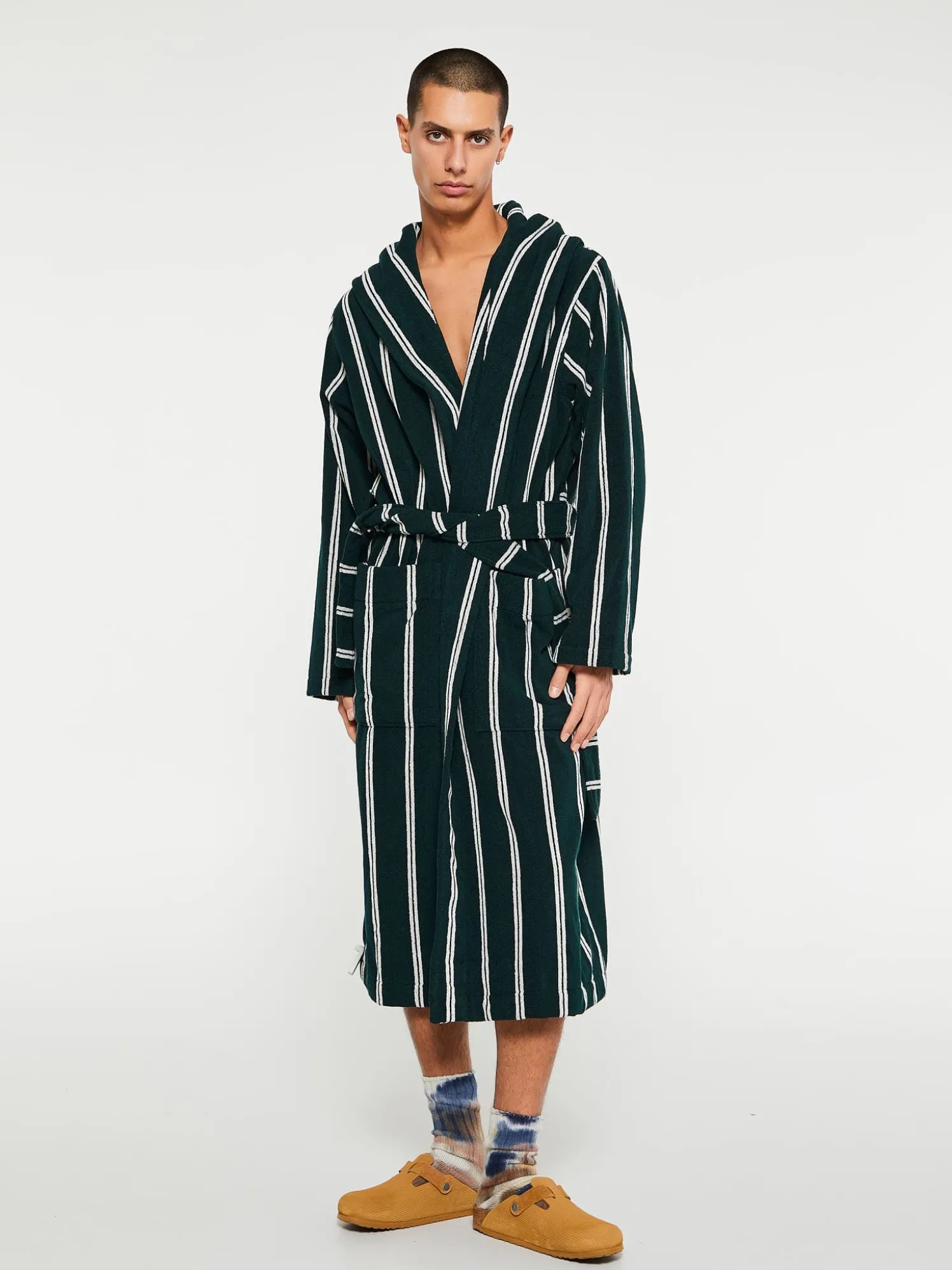 Hooded Badekåbe i Forest Green Stripes