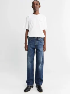 Loose Jeans i Mørkeblå med Slidt Look