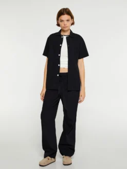 Poplin Pyjamas Kortærmet Skjorte i All Black