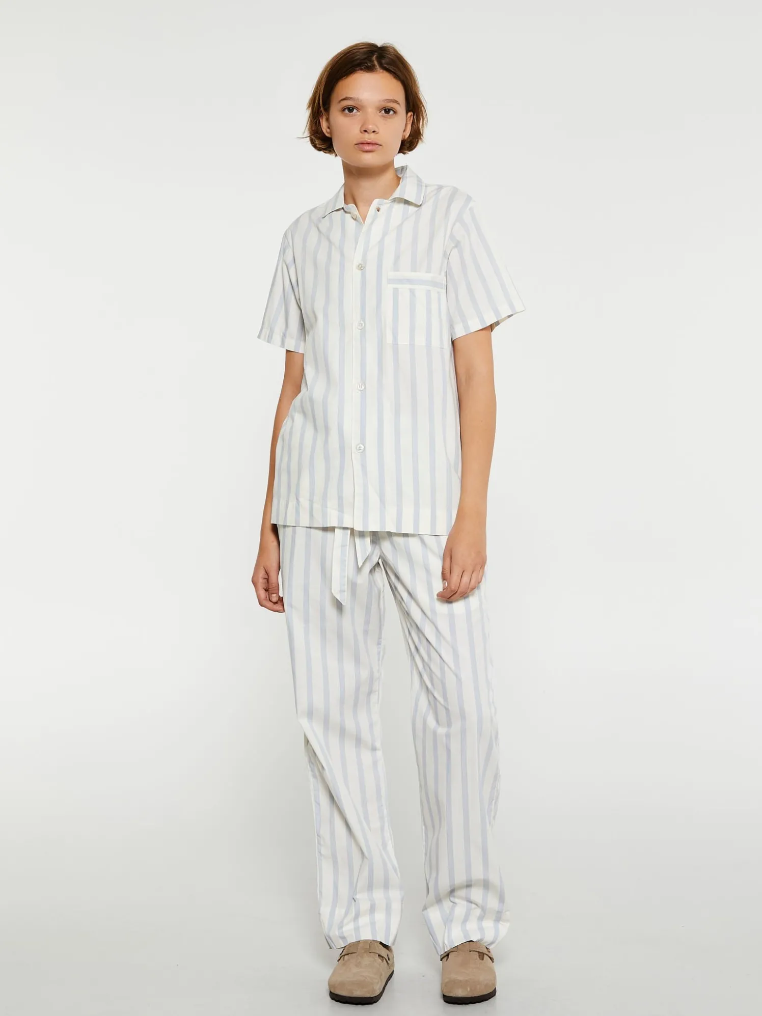 Poplin Pyjamas Kortærmet Skjorte i Needle Stripes