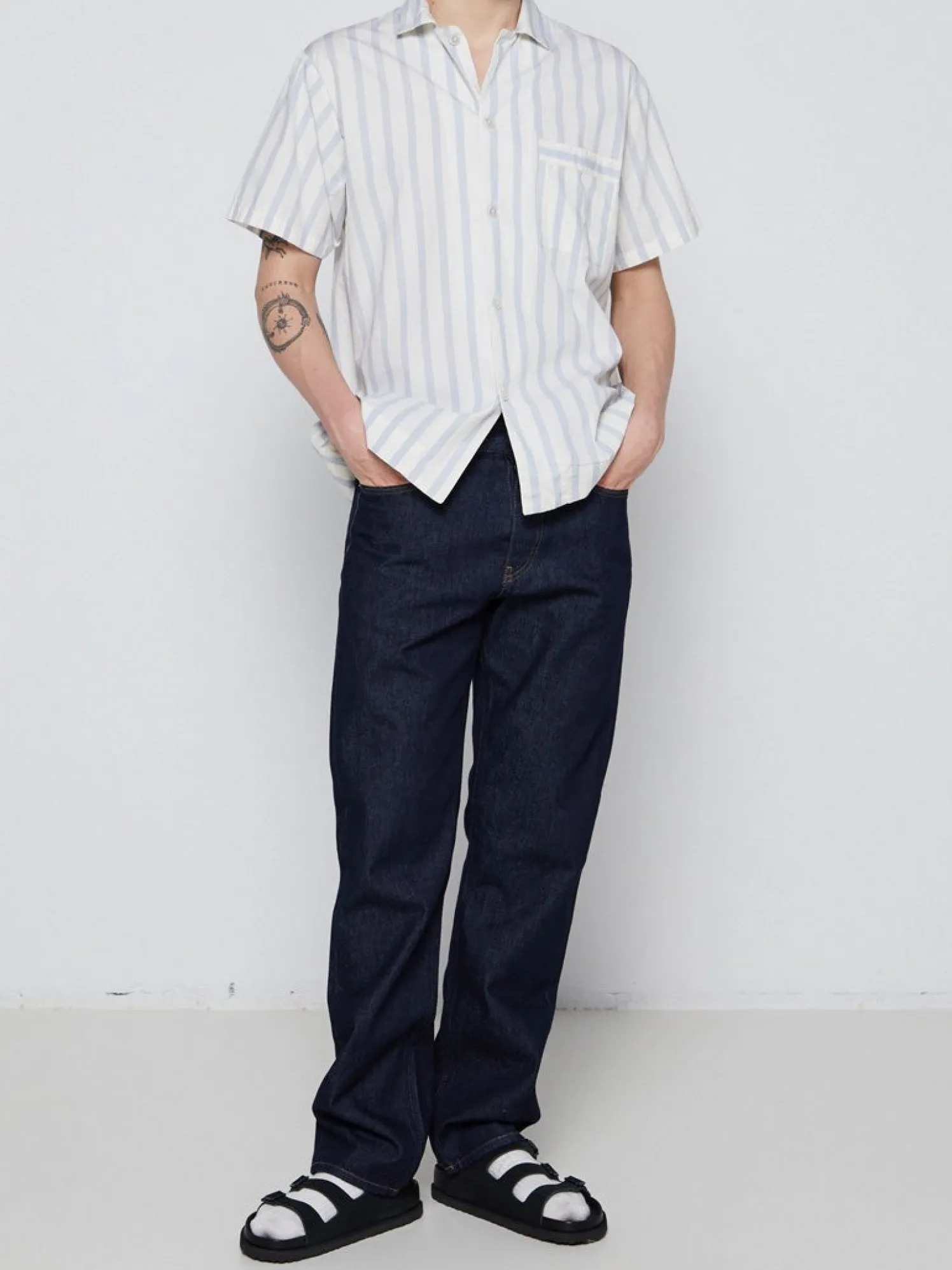 Poplin Pyjamas Kortærmet Skjorte i Needle Stripes