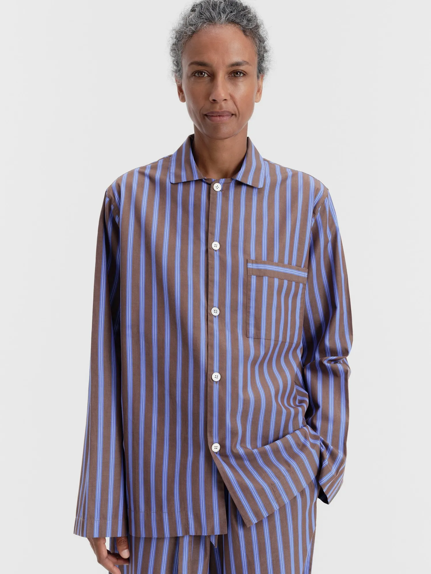 Poplin Pyjamas Long Shirt i Chestnut Stripes