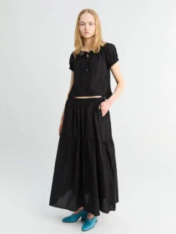 Ribbet Shirring Bluse i Sort