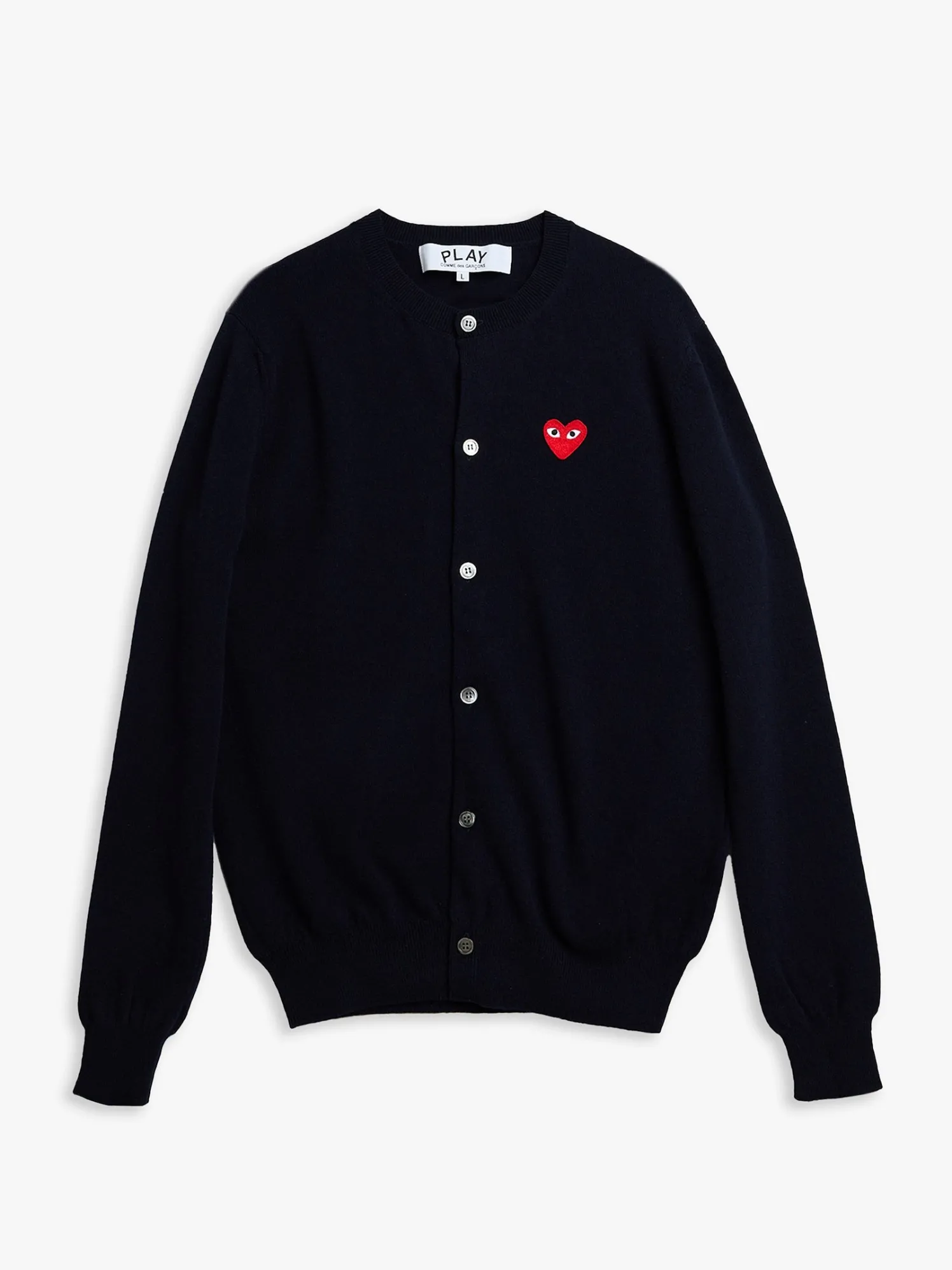Rundhalset Cardigan med Rødt Emblem i Navy