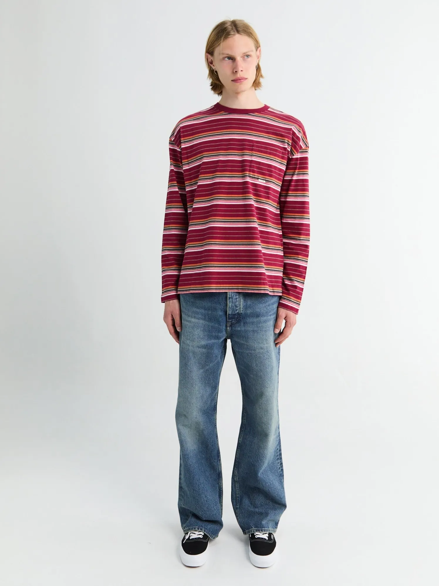 Stribet Langærmet Lomme T-shirt i Bordeaux