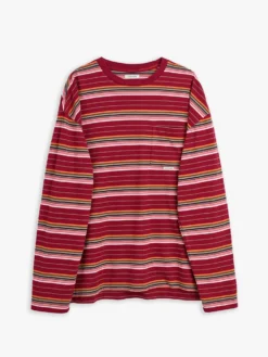 Stribet Langærmet Lomme T-shirt i Bordeaux