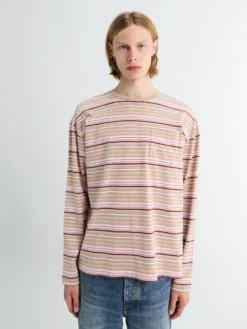 Stribet Langærmet Lomme T-shirt i Beige