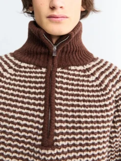 Studio Nicholson x Aaron Levine Bistrol Ribbed Zip Jumper i Chocolate Oatmeal Stripe