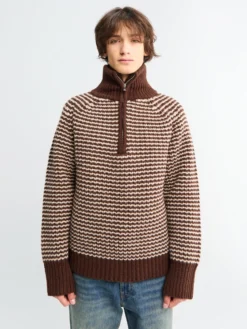 Studio Nicholson x Aaron Levine Bistrol Ribbed Zip Jumper i Chocolate Oatmeal Stripe