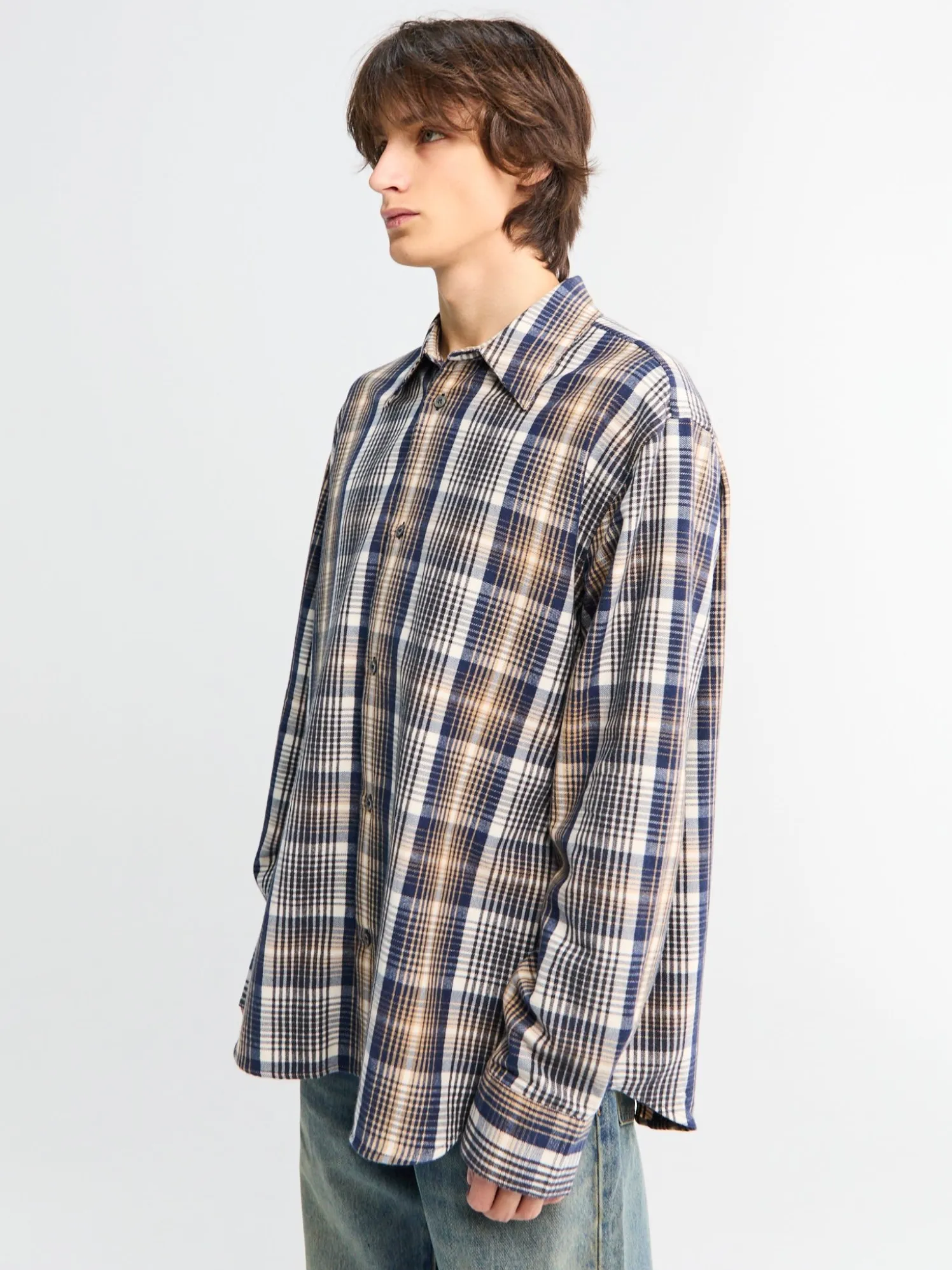 Studio Nicholson x Aaron Levine View Skjorte i Navy og Oatmeal
