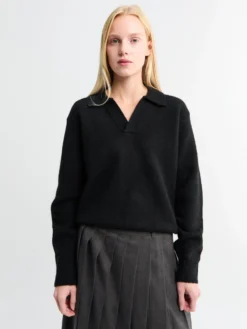 Unisex Open Collared Kashmir Sweater i Sort