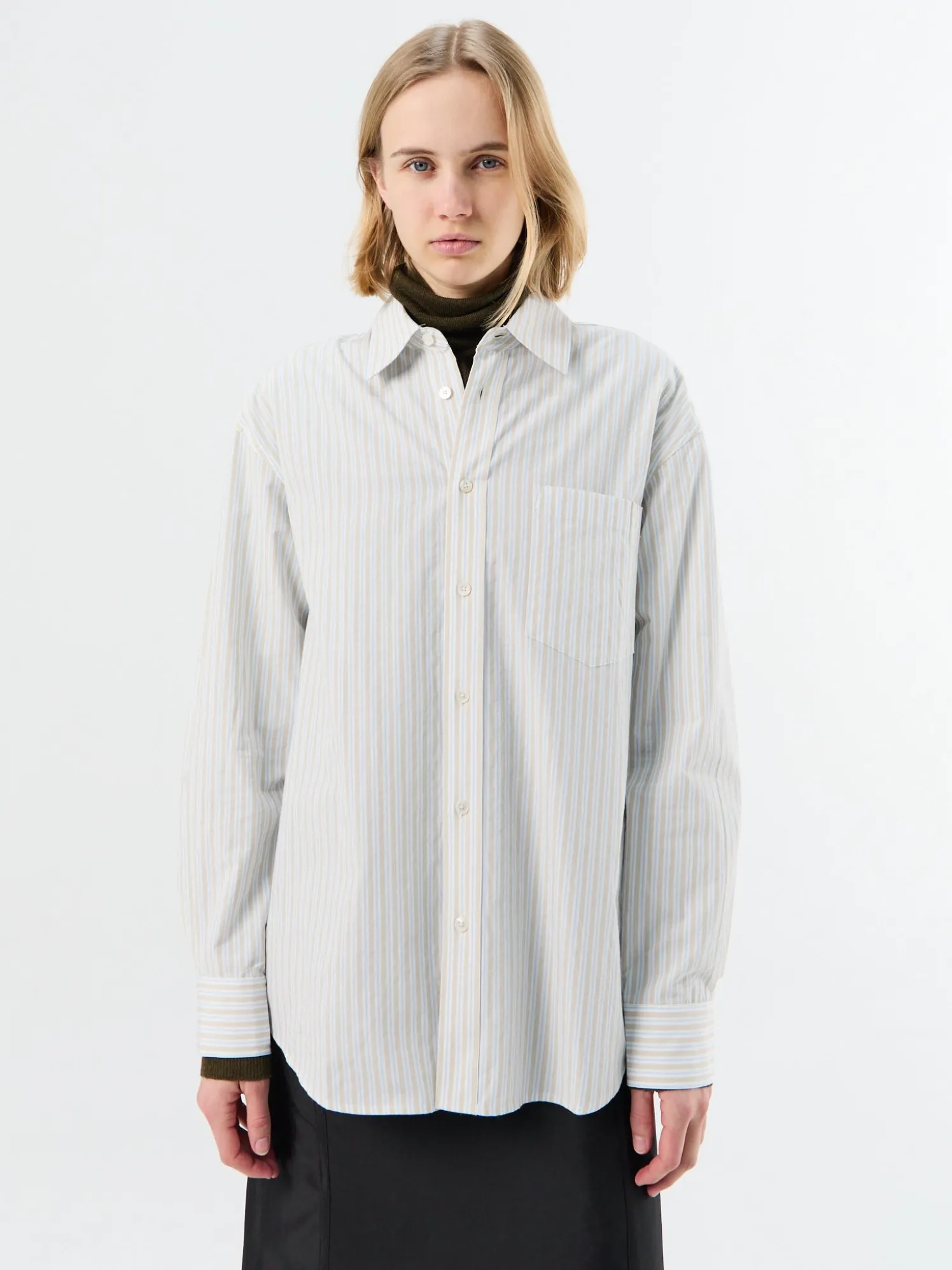 Unisex Oversized Striped Skjorte i Beige Stripe